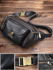 Black Leather Mens Fanny Packs Barrel Large Capacity Bum Bags Cool Waist Bag for Men