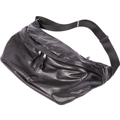 Large Leather Fanny Pack Men's Black Chest Bag Hip Pack 12‘’ Ipad Waist Bag For Men