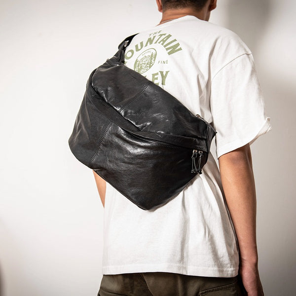 Large Leather Fanny Pack Men's Black Chest Bag Hip Pack 12‘’ Ipad Waist Bag For Men