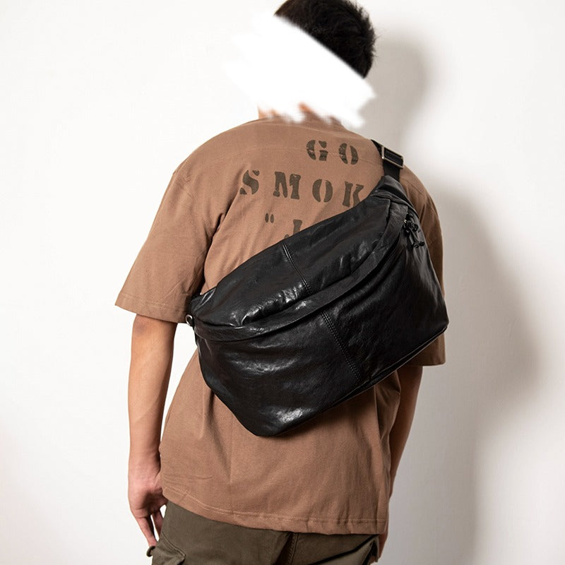 Large Leather Fanny Pack Men's Black Chest Bag Hip Pack 12‘’ Ipad Waist Bag For Men