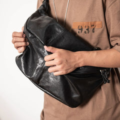 Large Leather Fanny Pack Men's Black Chest Bag Hip Pack 12‘’ Ipad Waist Bag For Men