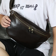 Large Coffee Leather Fanny Pack Men's Black Sling Bag Hip Bag 8 inches Waist Bag For Men
