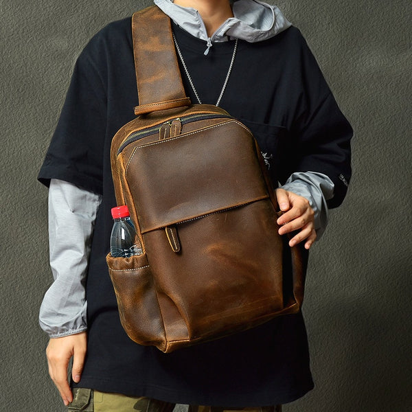 Large Leather Mens Sling Bag Black Sling Shoulder Bag Sling Backpack for men