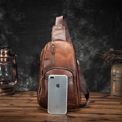 Cool Brown Leather Men's Sling Bag Chest Bag Vintage One Shoulder Backpack For Men - iwalletsmen