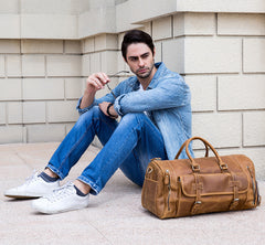 Large Leather Men Barrel Overnight Bags Travel Bags Weekender Bags For Men - iwalletsmen