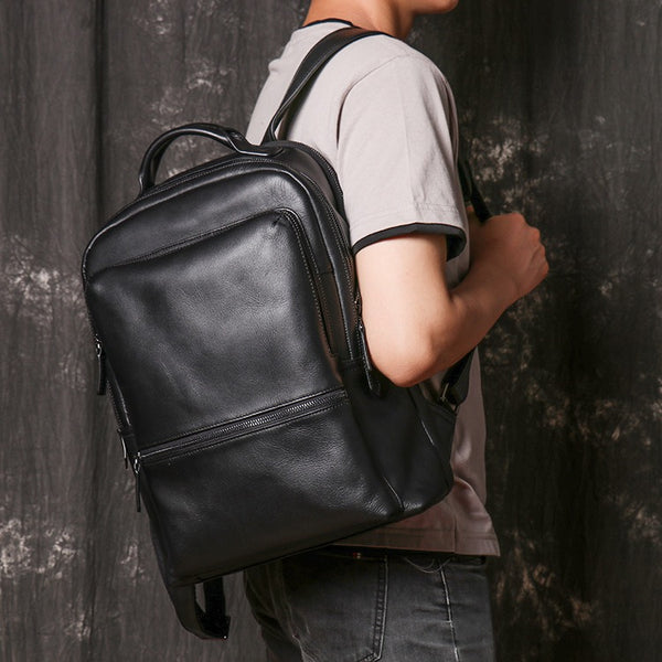 Leather Backpack Mens 14'' Laptop Black Work Backpack School Backpack Travel Backpack for Men