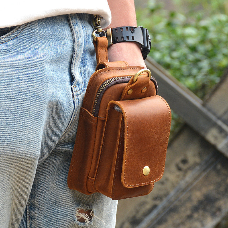 Brown Leather Cell Phone Holster Mens Belt Pouch Leather Cigarette