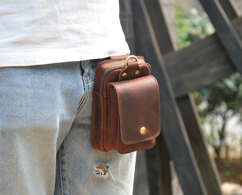 Brown Leather Cell Phone Holster Mens Belt Pouch Leather Cigarette