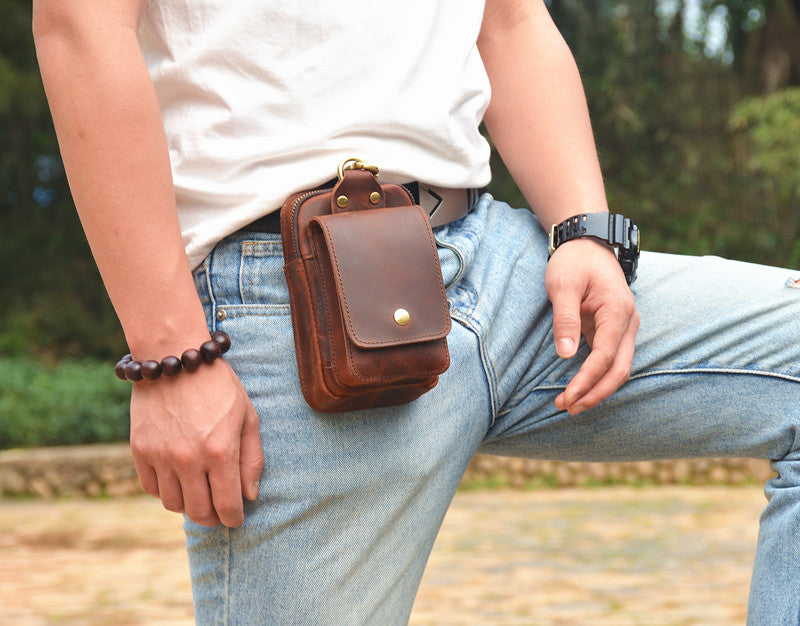 Brown Leather Cell Phone Holster Mens Belt Pouch Leather Cigarette