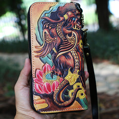 Leather Chinese Lion Tooled Mens Handmade Long Wallet Cool Leather Wallet Clutch Wallet for Men