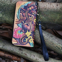 Leather Chinese Lion Tooled Mens Handmade Long Wallet Cool Leather Wallet Clutch Wallet for Men