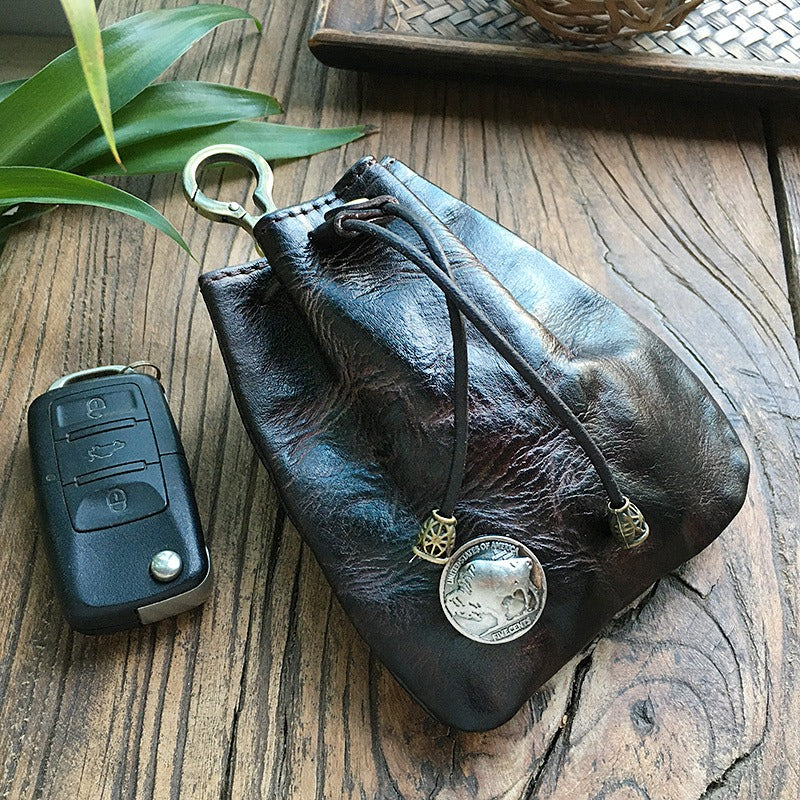 Leather Drawstring Pouch Leather Belt Pouch Small Waist Pouch With Keyring Belt Bag For Men