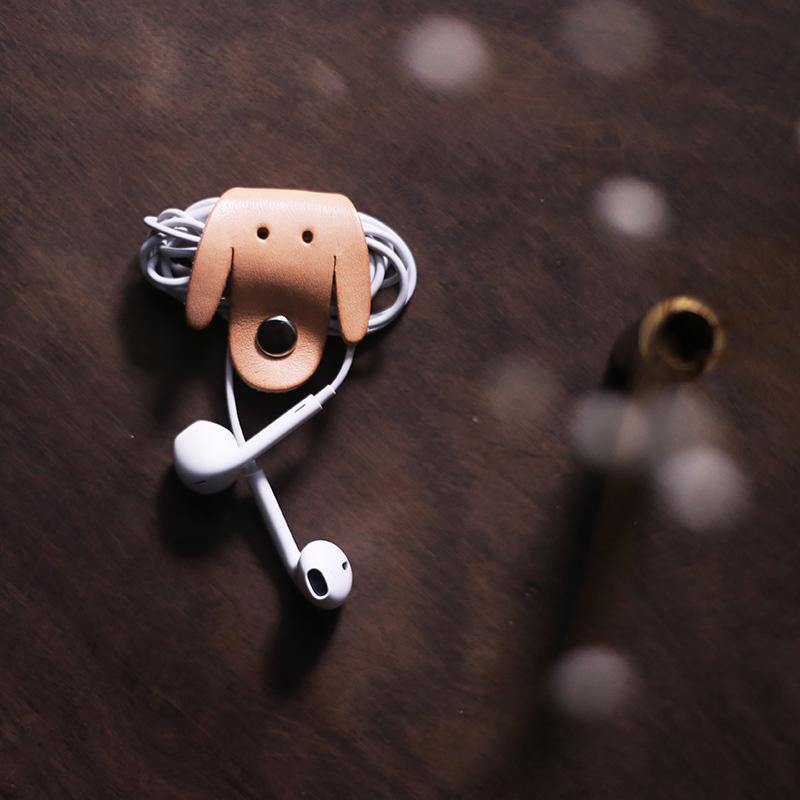 Cute Leather Earphone Holder Dog Headphone Leather Cord Organizer
