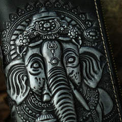 Black Leather Ganesha Tooled Biker Wallet Cool Handmade Leather Chain Wallet for Men