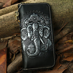 Black Leather Ganesha Tooled Biker Wallet Cool Handmade Leather Chain Wallet for Men