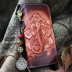 Black Leather Ganesha Tooled Biker Wallet Cool Handmade Leather Chain Wallet for Men