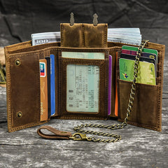 Leather Men's Biker Chain Wallet Vertical Brown Trifold Biker Wallet with Chain For Men