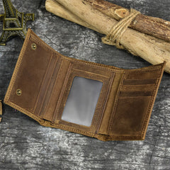 Leather Men's Biker Chain Wallet Vertical Brown Trifold Biker Wallet with Chain For Men