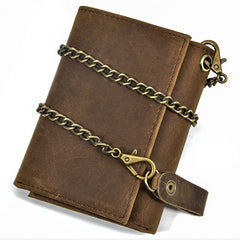 Leather Men's Biker Chain Wallet Vertical Brown Trifold Biker Wallet with Chain For Men