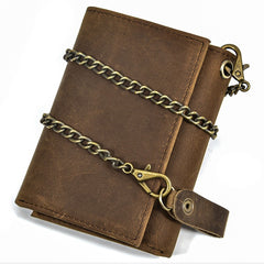 Brown Leather Men's Biker Chain Wallet Vertical Trifold Biker Wallet with Chain For Men