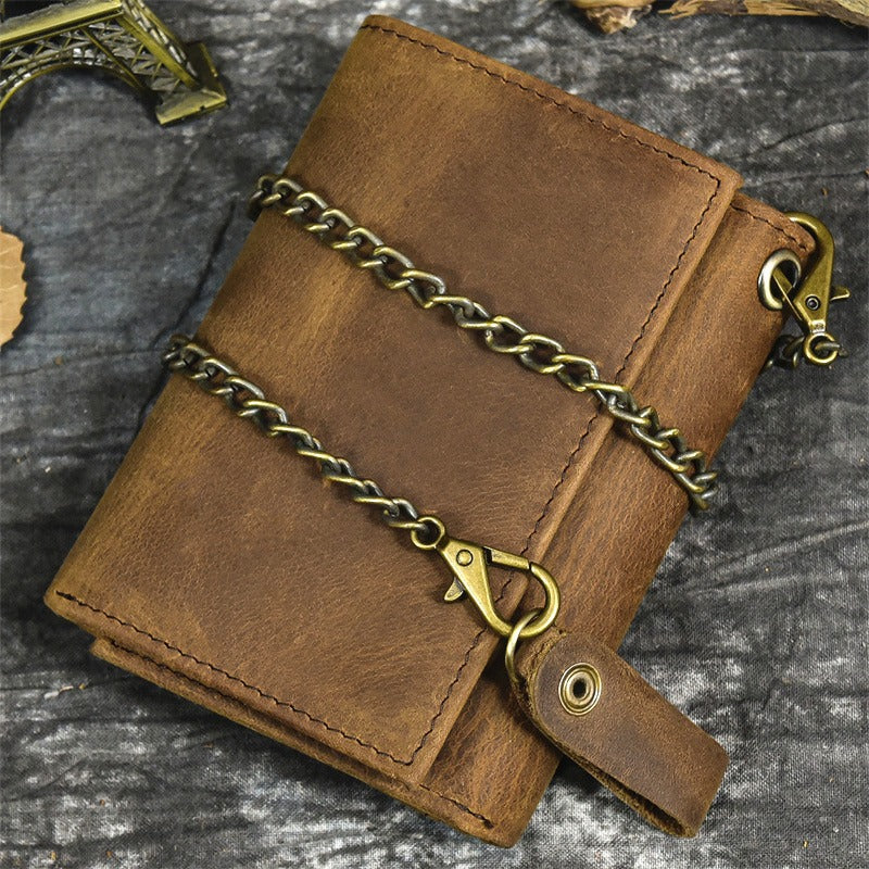 Leather Men's Biker Chain Wallet Vertical Brown Trifold Biker Wallet with Chain For Men