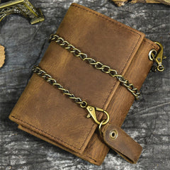 Leather Men's Biker Chain Wallet Vertical Brown Trifold Biker Wallet with Chain For Men