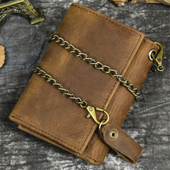 Brown Leather Men's Biker Chain Wallet Vertical Trifold Biker Wallet with Chain For Men