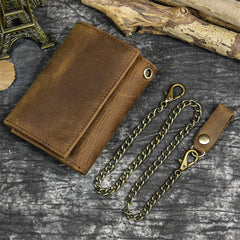 Leather Men's Biker Chain Wallet Vertical Brown Trifold Biker Wallet with Chain For Men