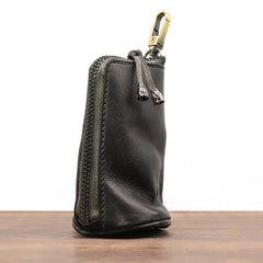Black Leather Men's Key Wallet Car Key Case With Belt Clip Zip Leather Key Holder For Men