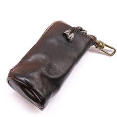 Black Leather Men's Key Wallet Car Key Case With Belt Clip Zip Leather Key Holder For Men