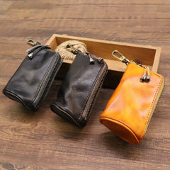 Black Leather Men's Key Wallet Car Key Case With Belt Clip Zip Leather Key Holder For Men