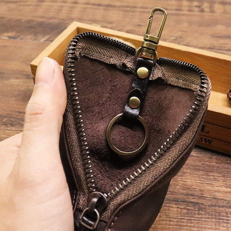 Leather Men's Key Wallet Car Key Case with Belt Clip Zip Leather Key Holder for Men Red