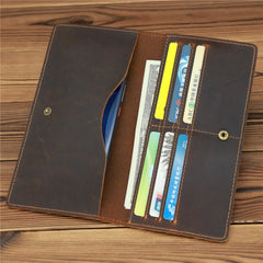 Leather Men's Long Wallet Bifold Brown Slim Wallet Front Pocket Wallet For Men