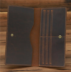 Leather Men's Long Wallet Bifold Brown Slim Wallet Front Pocket Wallet For Men