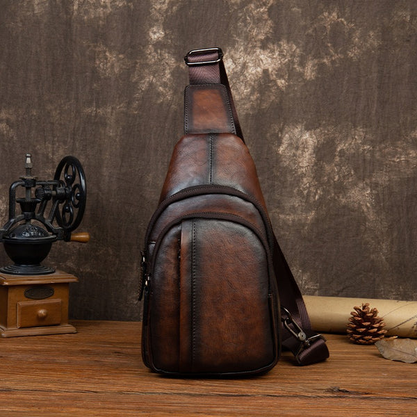 Leather Men's Sling Bag Cool Coffee Sling Packs Sling Crossbody Pack For Men