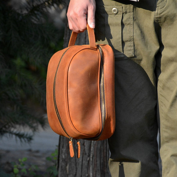 Brown Leather Men's Toiletry Bag Dopp Kit Clutch Wash Kit & Shaving Bags for Bathroom Organizer