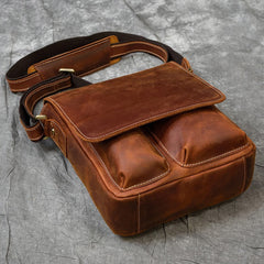 Brown Leather Men's Vertical Messenger Bag Coffee Side Bag Vertical Shoulder Bag For Men