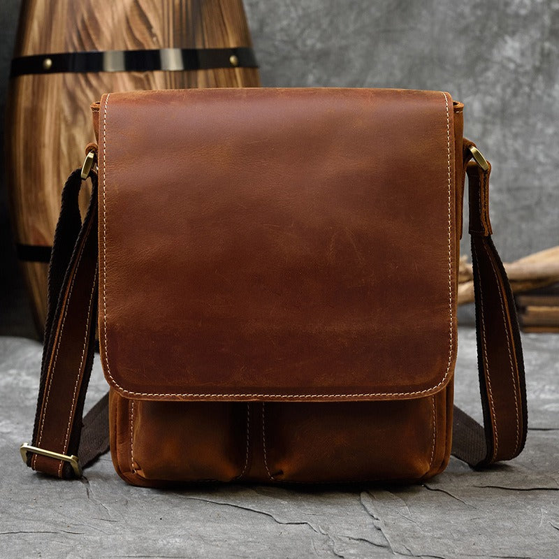 Brown Leather Men's Vertical Messenger Bag Coffee Side Bag Vertical Shoulder Bag For Men
