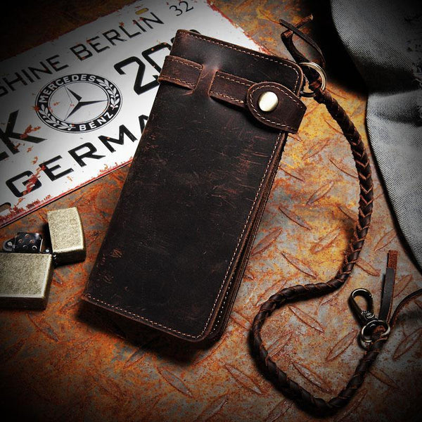 Leather Mens Bifold Long Biker Wallets Biker Chain Wallet Long Trucker Wallet for Men - iwalletsmen