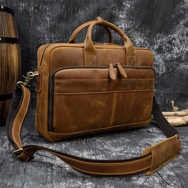 Leather Mens Briefcase Vintage Work Briefcase Business Handbag 15’‘ Laptop Briefcase For Men