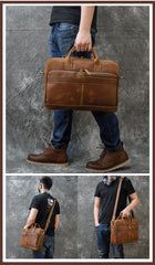 Leather Mens Briefcase Vintage Work Briefcase Business Handbag 15’‘ Laptop Briefcase For Men