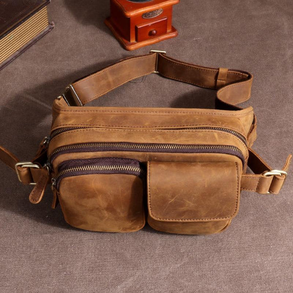 Leather Mens Fanny Packs Casual Belt Bag Cool Waist Bag Brown Fanny Bag For Men