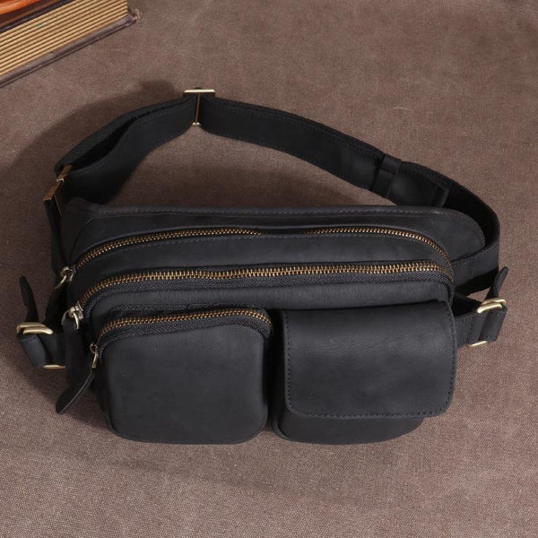 Leather Mens Fanny Packs Casual Belt Bag Cool Black Waist Bag Fanny Bag For Men