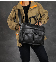 Black Leather Mens Handbag 14‘’ Laptop Briefcase Side BAG Vintage Business Bag FOR MEN