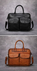 Brown Leather Mens Handbag 14‘’ Laptop Briefcase Side BAG Vintage Business Bag FOR MEN