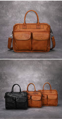 Black Leather Mens Handbag 14‘’ Laptop Briefcase Side BAG Vintage Business Bag FOR MEN