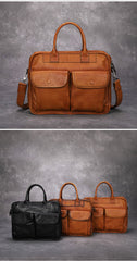Brown Leather Mens Handbag 14‘’ Laptop Briefcase Side BAG Vintage Business Bag FOR MEN