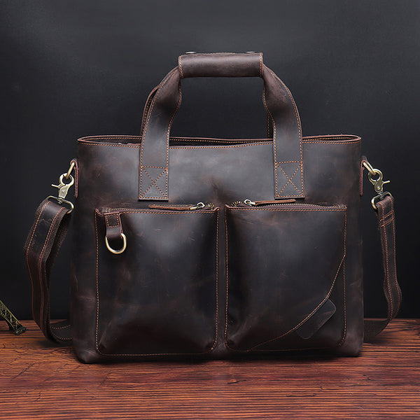 Classic Leather Mens Handbag 14‘’ Laptop Briefcase Side BAG Vintage Courier Bag FOR MEN