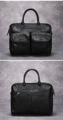 Black Leather Mens Handbag 14‘’ Laptop Briefcase Side BAG Vintage Business Bag FOR MEN