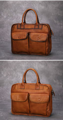 Brown Leather Mens Handbag 14‘’ Laptop Briefcase Side BAG Vintage Business Bag FOR MEN